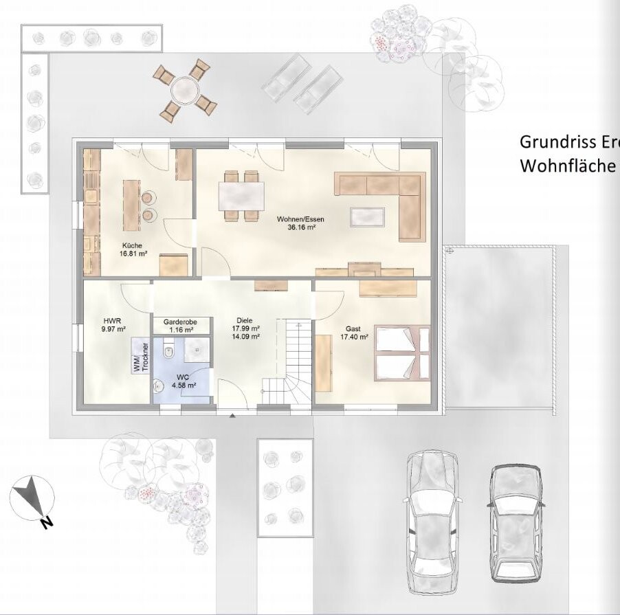 2D-Grundriss eines Hauses mit Küche, Wohnzimmer, Diele, Gästezimmer, WC und Treppe