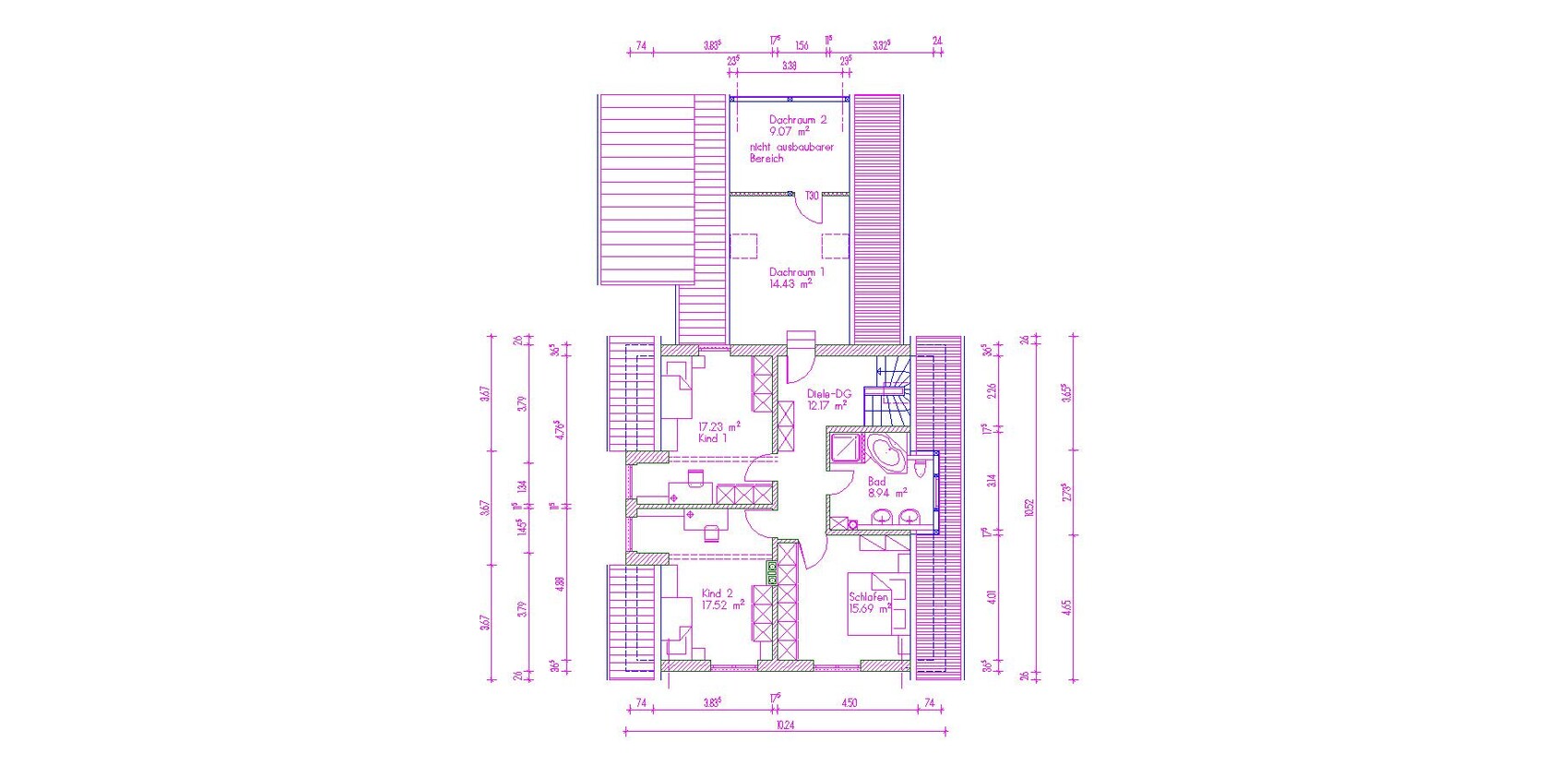 Grundriss eines Hauses mit Zimmern, Treppen und Dachgeschoss