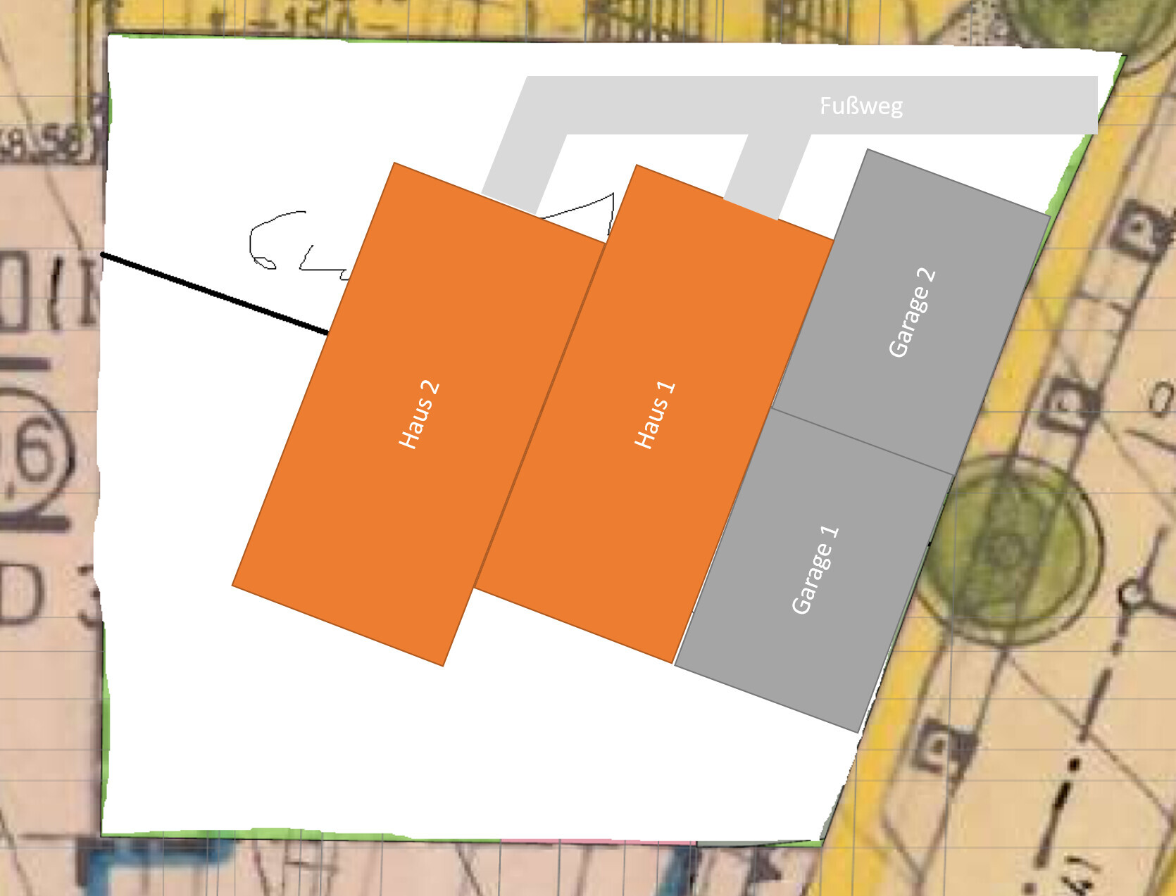 Lageplan: Zwei orangefarbene Häuser (Haus 1, Haus 2) neben grauen Garagen (Garage 1, 2) und Fußweg.