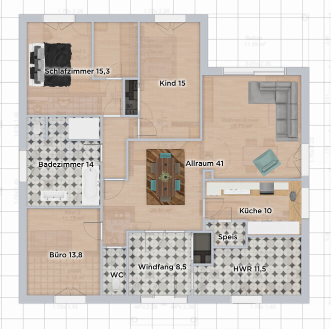 Grundriss eines Hauses mit Zimmern: Schlafzimmer, Kind, Büro, Küche, Bad, Allraum, Speis, WC, HWR