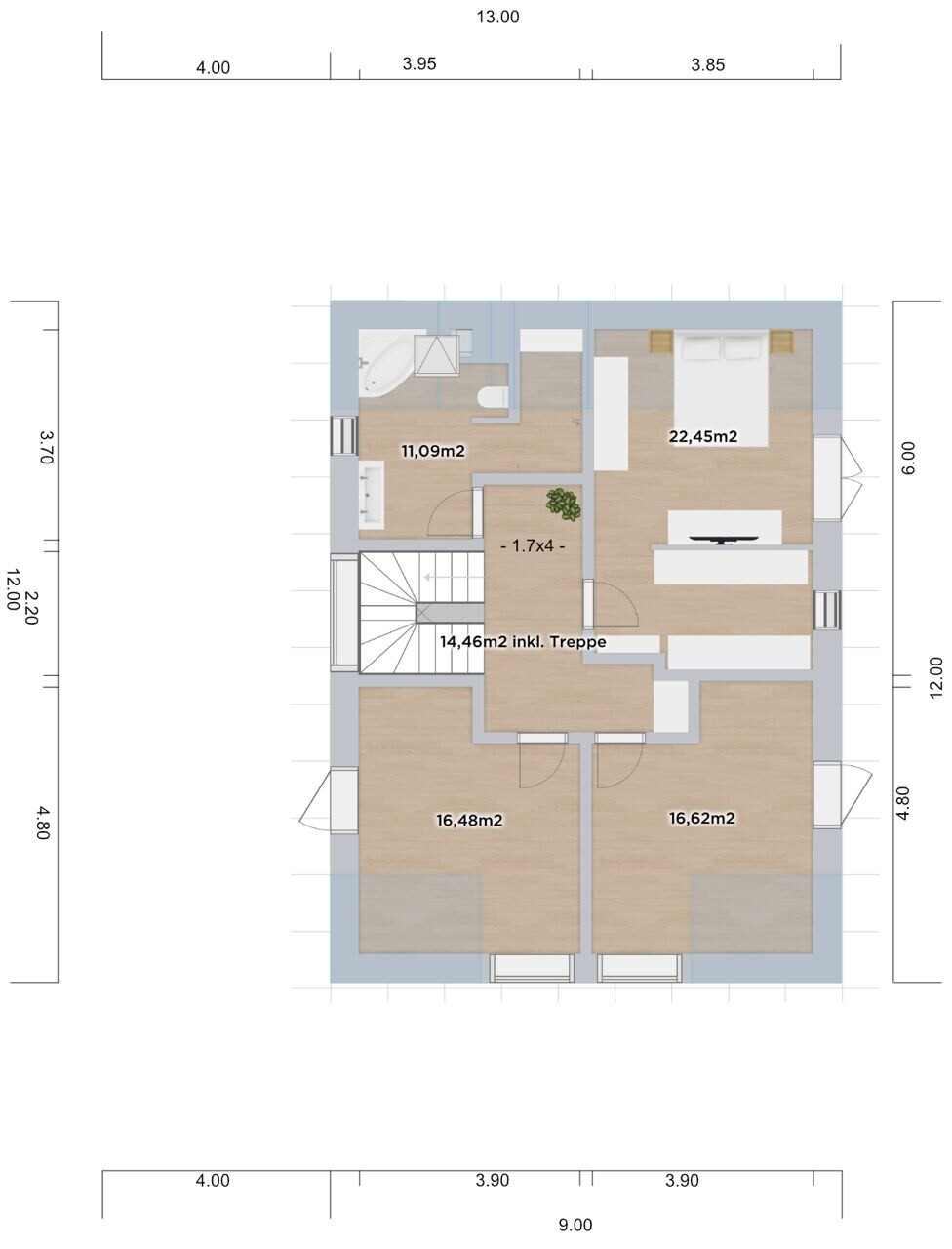 Grundriss eines Obergeschosses: Bad, Treppe in Mitte, zwei Zimmer unten, Zimmer oben rechts.