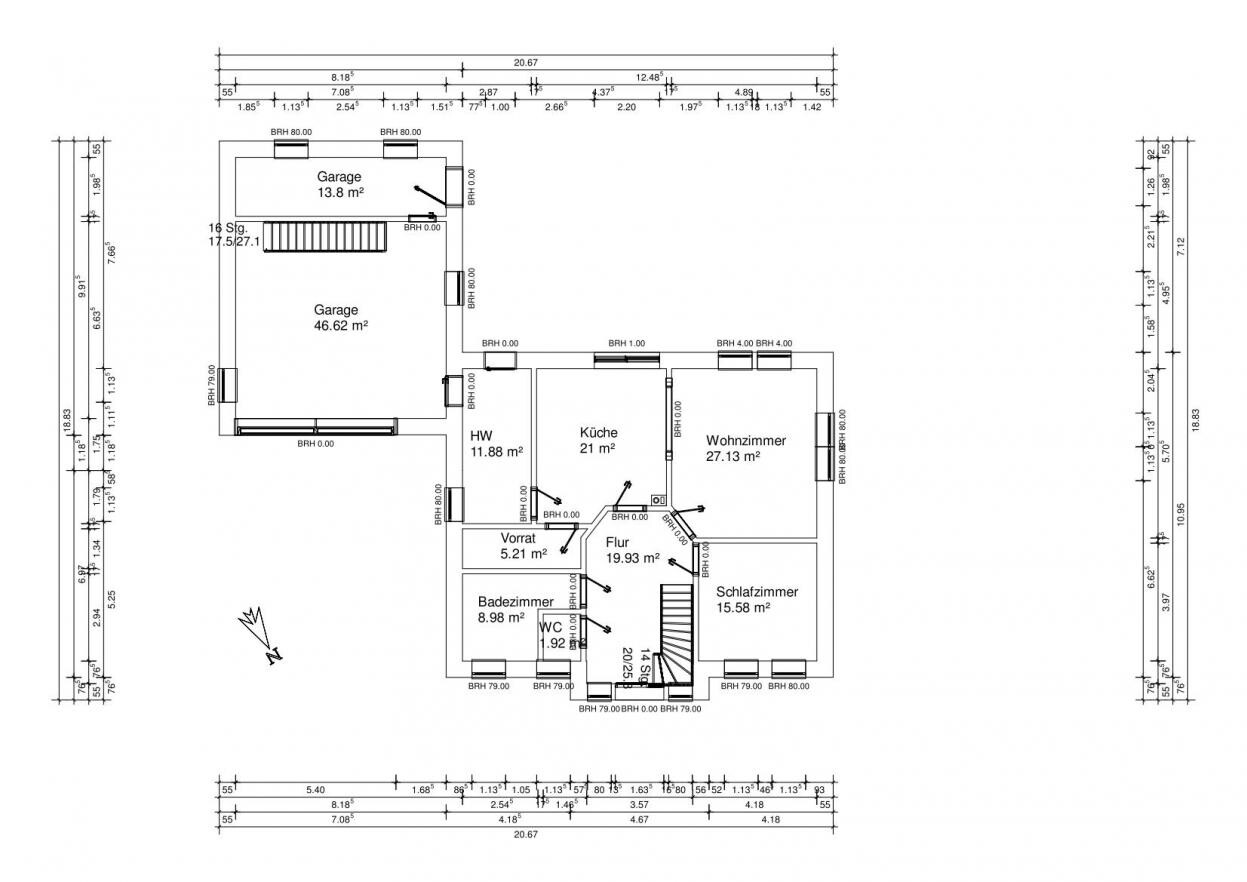 Detaillierter Grundrissplan eines Hauses mit Küche, Wohnzimmer, Schlafzimmer, Bad und Garage