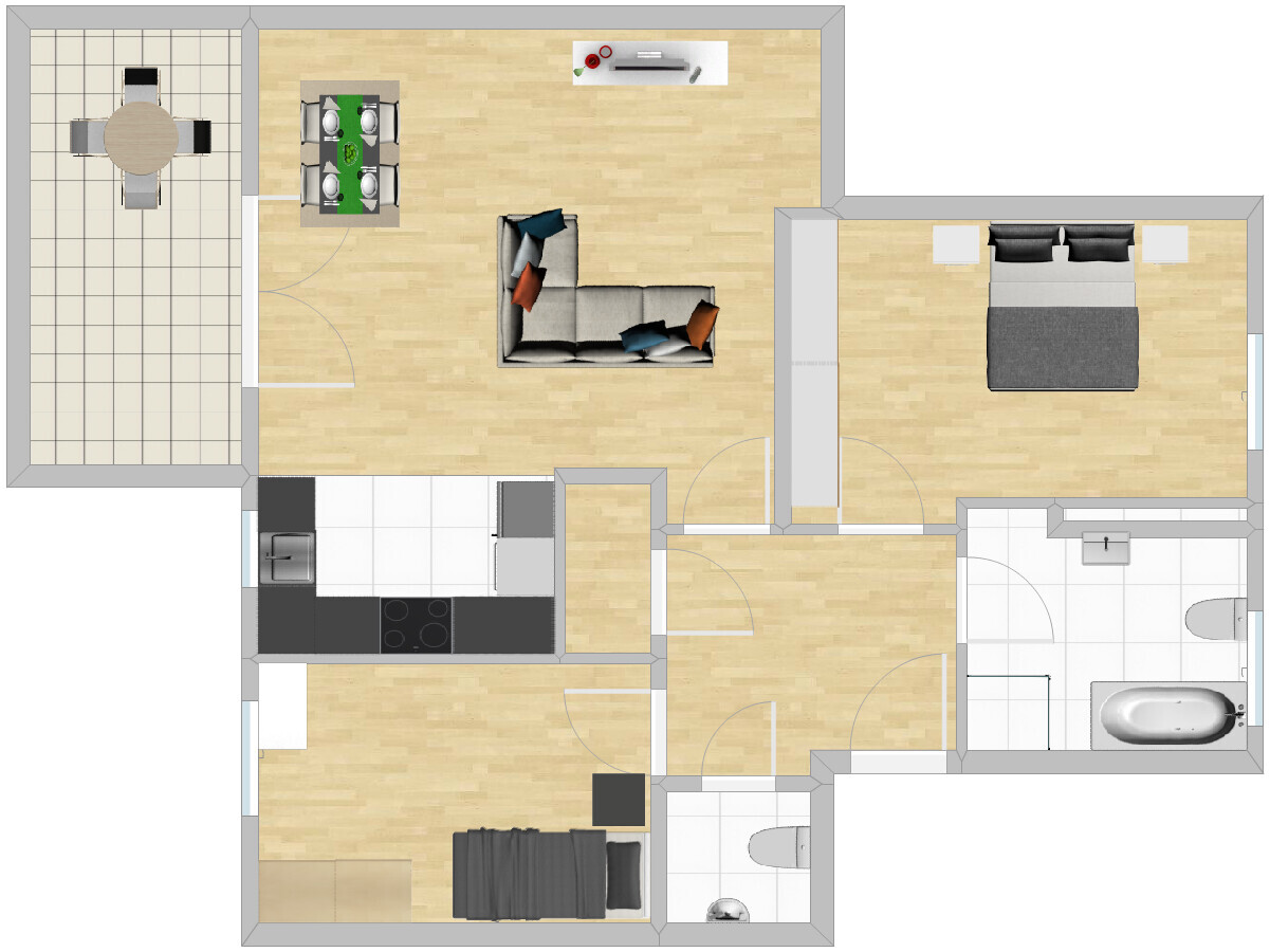 Übersichtlicher Grundriss eines Hauses mit Wohnzimmer, Küche, Schlafzimmern, Bad und Terrasse.