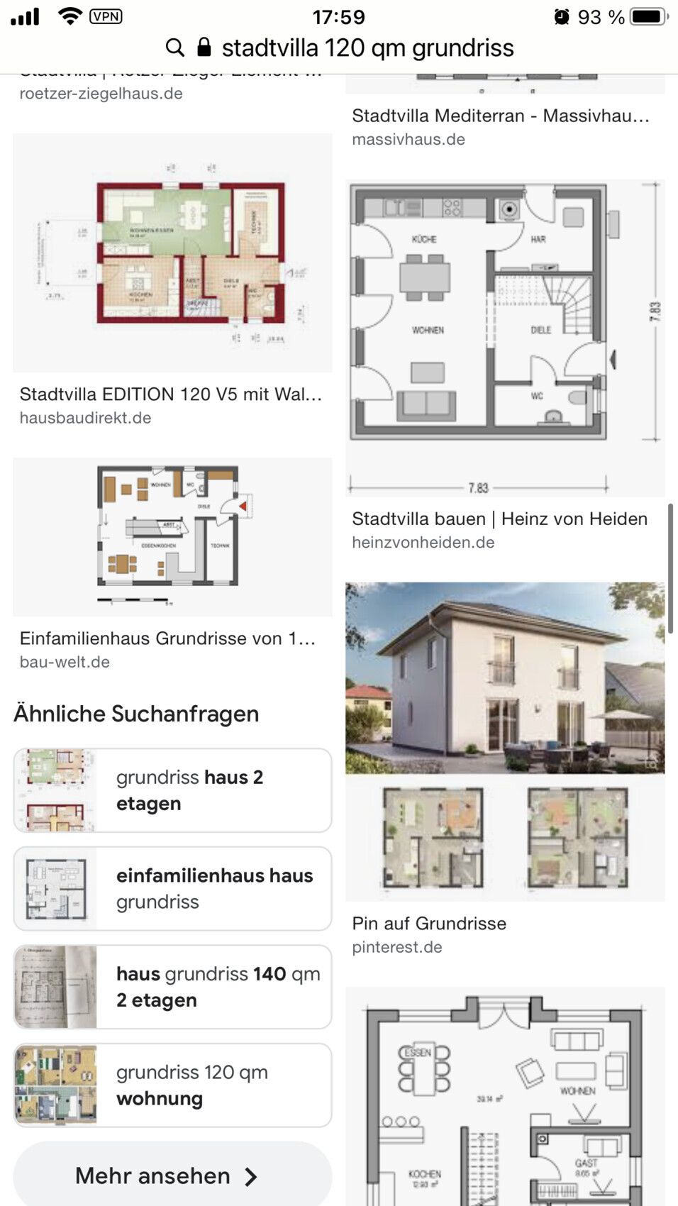 Collage aus Grundrissen von Häusern und Außenansicht eines modernen Hauses.