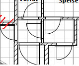 2D Grundrissplan mit Wänden, Türen und Zimmeraufteilung einer Hauszeichnung