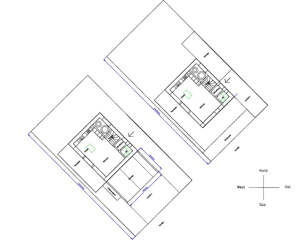Zwei Grundrisspläne eines Hauses mit Raumaufteilungen und Maßlinien.