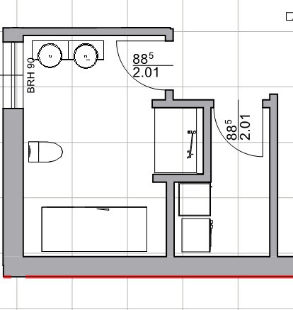 2D-Grundriss eines Wohn- und Badbereichs mit Türen und Wänden