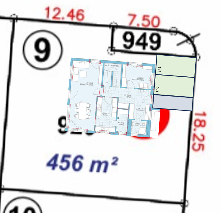 Grundstücksplan mit Parzelle 9 und überlagertem Gebäudegrundriss, 456 m².