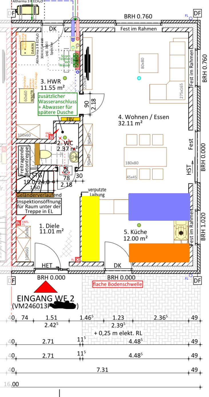2D Grundrissplan eines Hauses mit Diele, Küche, Wohnzimmer, WC und HWR
