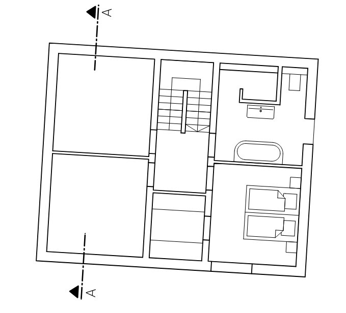2D-Grundriss eines Hauses mit Treppen, Zimmern und Badezimmern