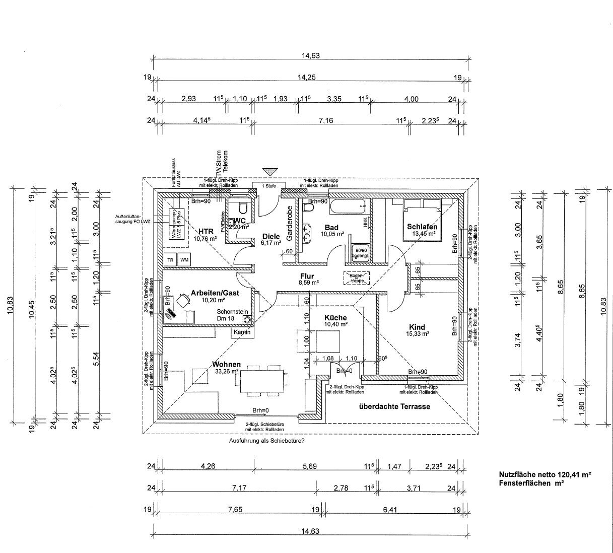 2D-Hausgrundriss mit Zimmern Diele Kuche Bad und Terrasse