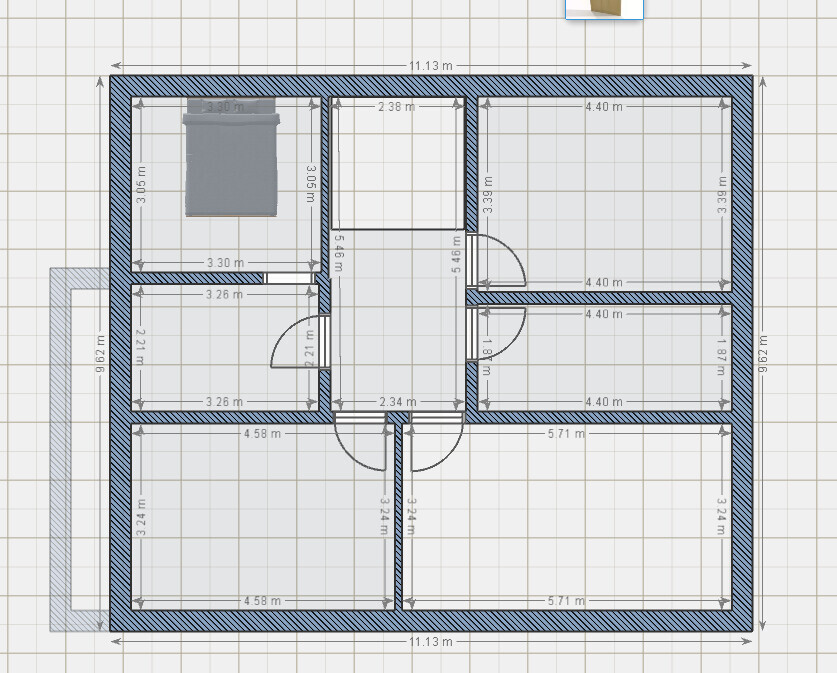 2D-Hausgrundriss mit Innenraumaufteilung, Türen und Maßlinien