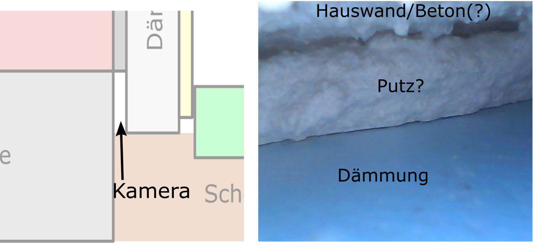 Linker 2D-Grundriss mit Kameraposition, rechter Wandbereich mit Putz und Dämmung