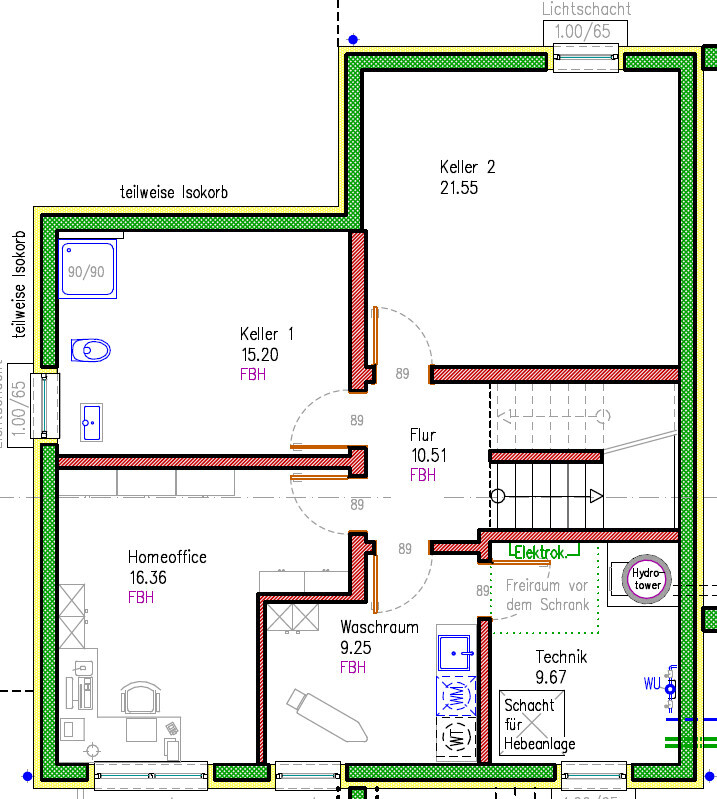 Grundriss Kellergeschoss: Keller 1, Keller 2, Homeoffice, Waschraum, Flur, Technik.
