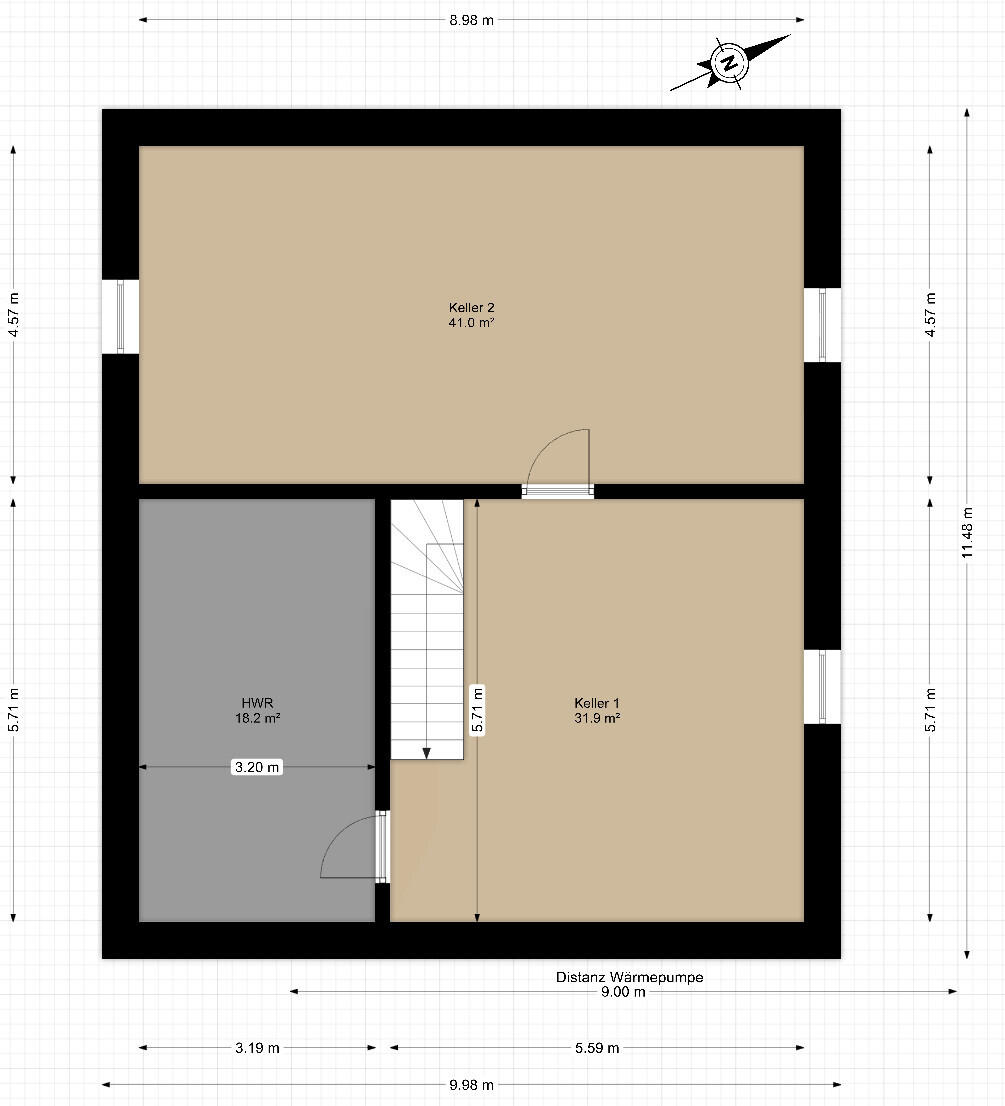 Grundriss Kellergeschoss: Keller 2 41 m², Keller 1 31,9 m², HWR 18,2 m², mit Treppe