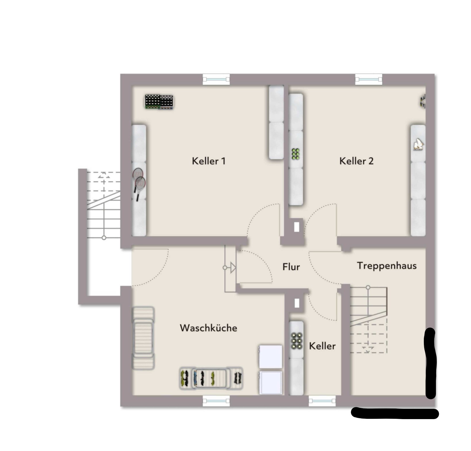 Grundriss Kellergeschoss mit Keller 1, Keller 2, Flur, Treppenhaus und Waschküche.
