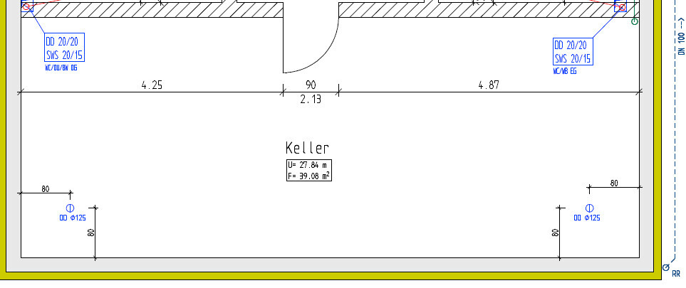 Grundriss eines Kellers mit Maßen, Wänden, Türen und technischen Symbolen.
