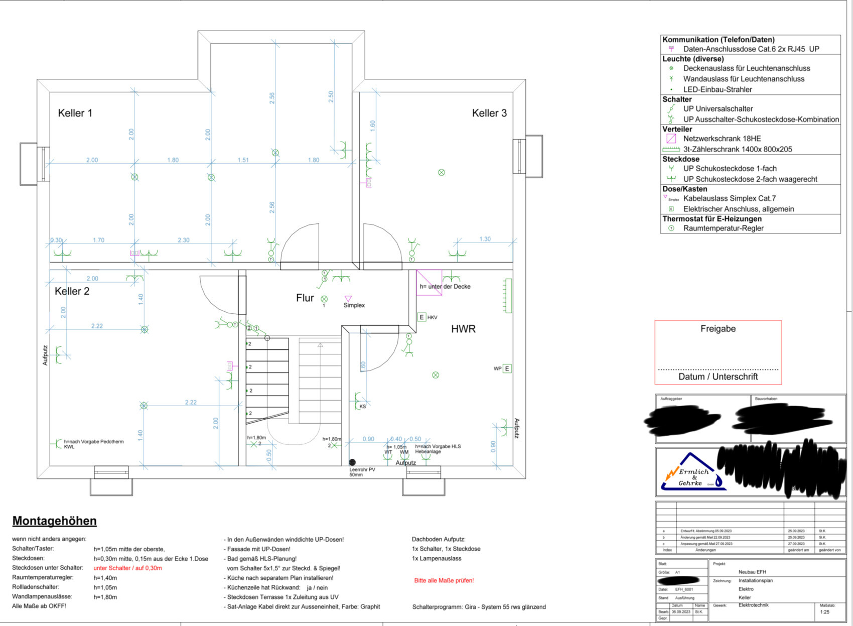 Grundriss Kellergeschoss mit drei Kellern, Flur, HWR, Treppe, Steckdosen.