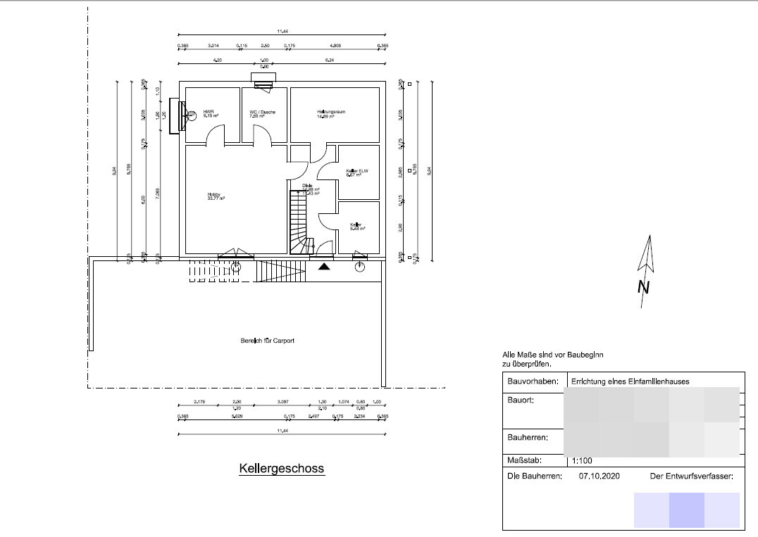 Grundriss Kellergeschoss: HWR, WC/Dusche, Heizungsraum, Hobbyraum, Keller, Diele, Treppe, Carport.