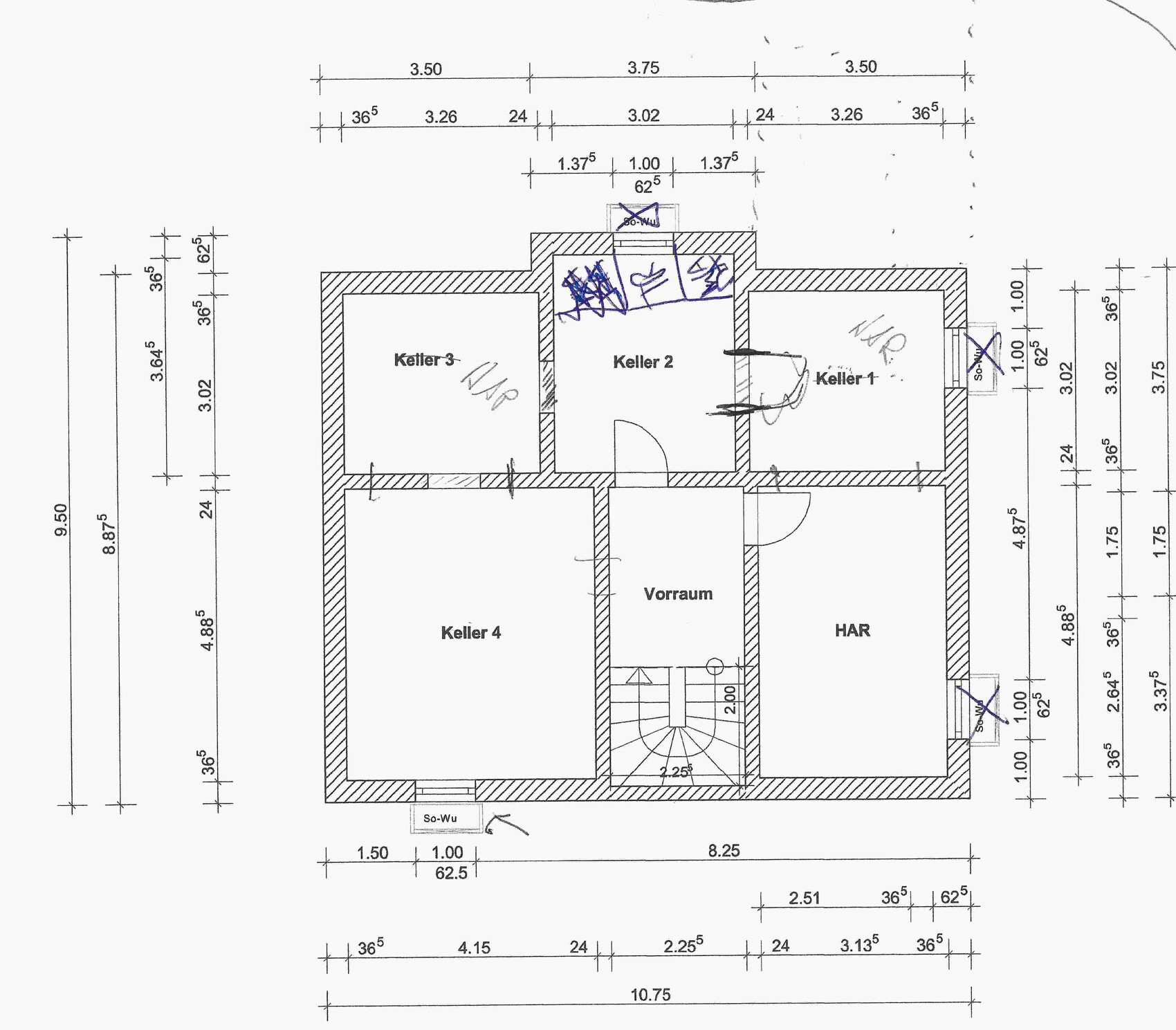 Grundriss eines Kellergeschosses mit Keller 2, Keller 3, Keller 4, Vorraum, HAR und Treppe.