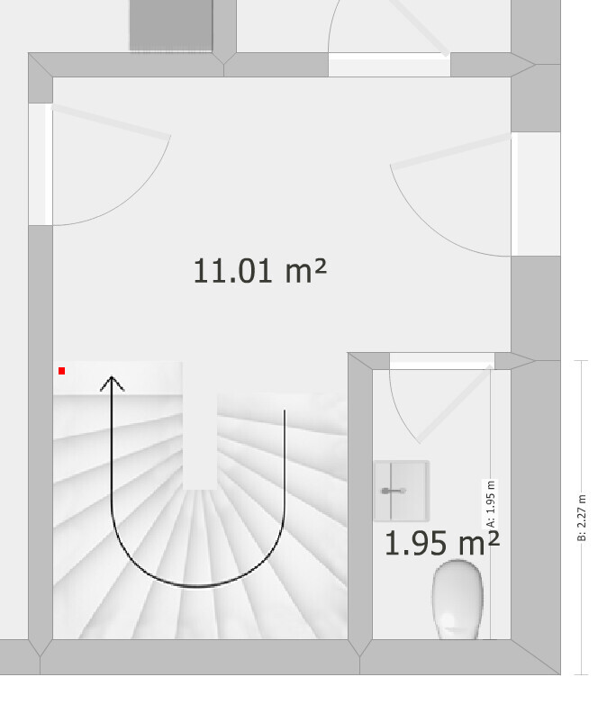 Grundriss eines Raums mit 11,01 m² und kleinem Bad (1,95 m²), Türen und Treppe.
