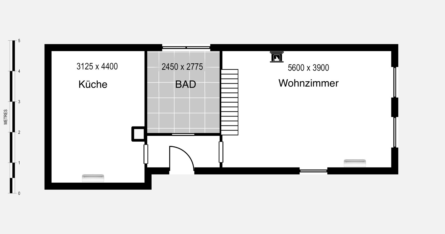 Grundriss einer Wohnung: Küche links, Bad Mitte, Wohnzimmer rechts; Maße angegeben.