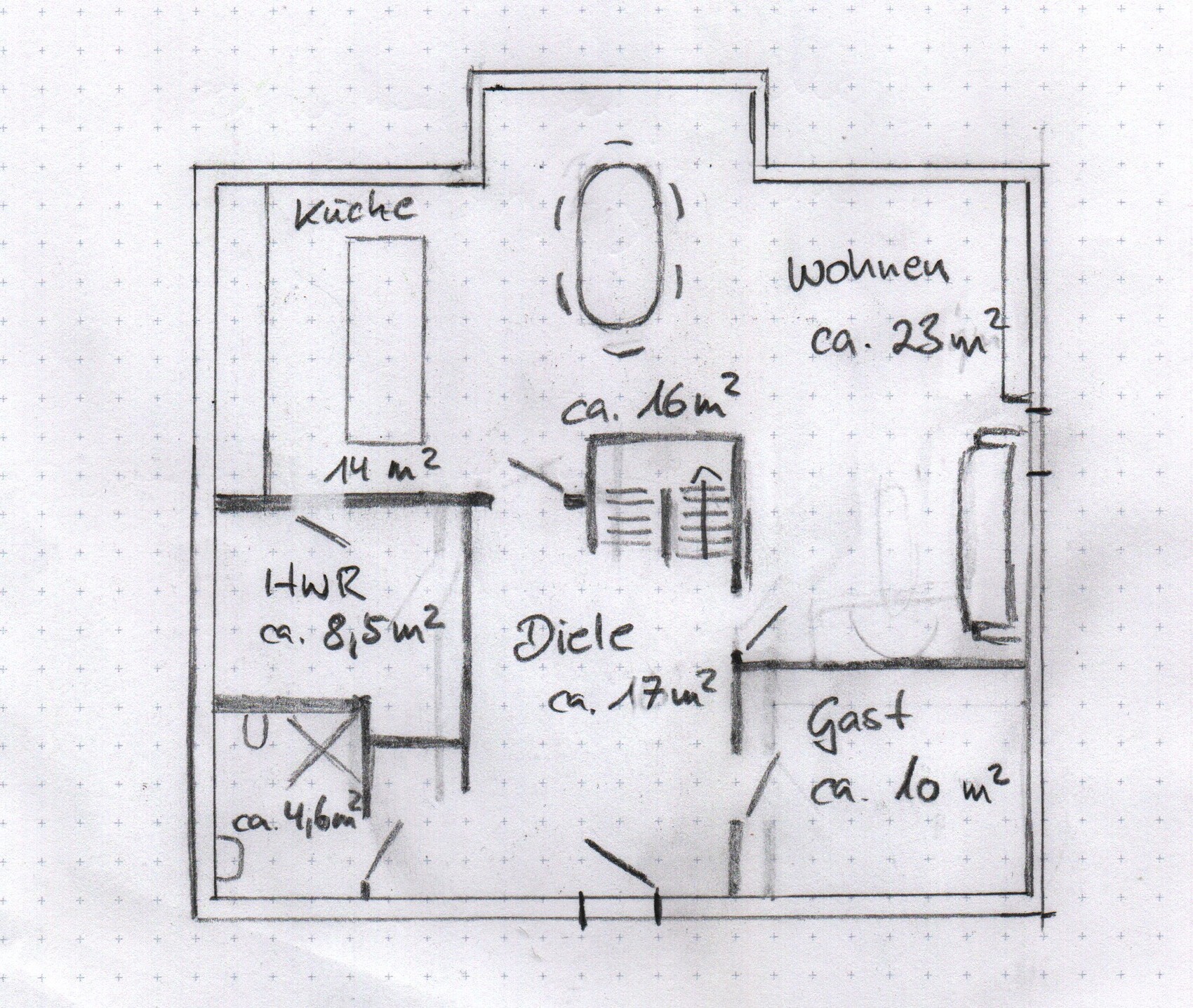 Handgezeichneter Grundriss einer Wohnung mit Küche, Diele, HWR, Gast und Wohnzimmer.