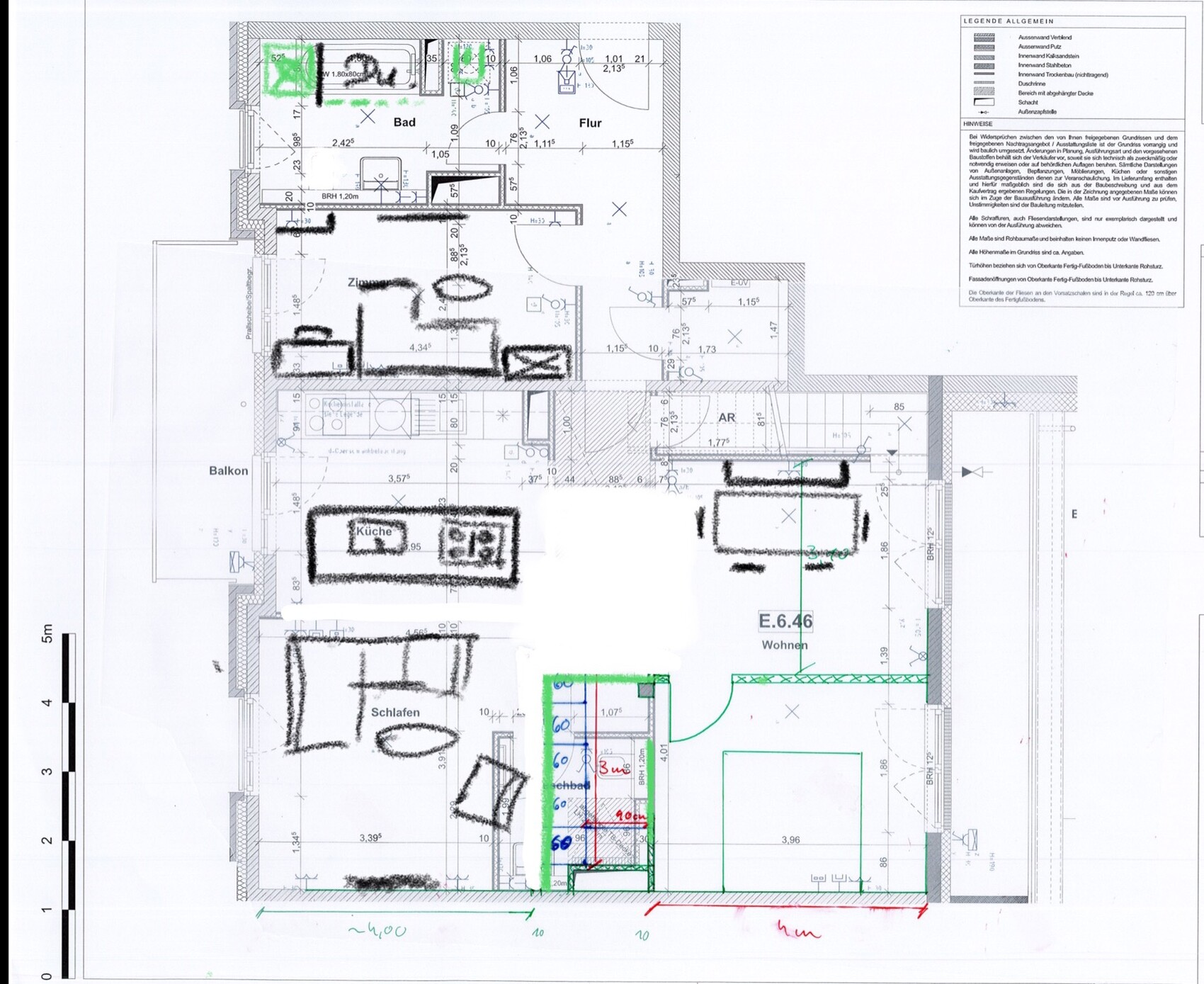 Grundriss einer Wohnung: Küche, Schlafen, Wohnen, Bad, Balkon; mit Maßangaben.