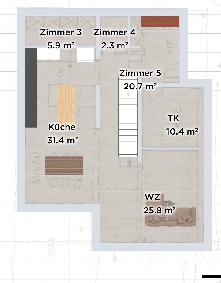 Grundriss eines Hauses: Küche, Wohnzimmer (WZ), Zimmer 3–5, Technikraum, Treppenhaus