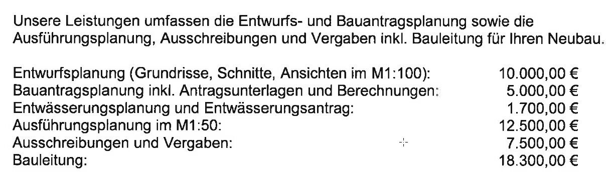 Leistungsübersicht mit Preisen: Entwurf, Bauantrag, Entwässerung, Ausführung, Bauleitung.