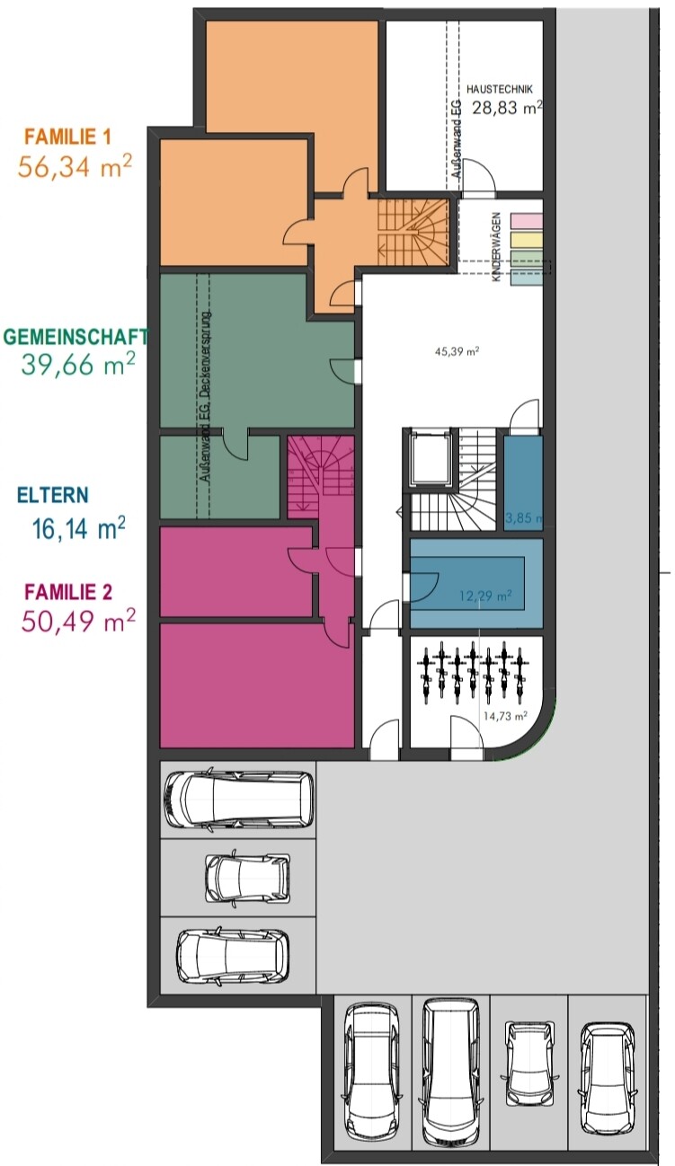 Grundriss eines Gebäudes mit farbigen Bereichen: Familie 1, Gemeinschaft, Eltern, Familie 2.