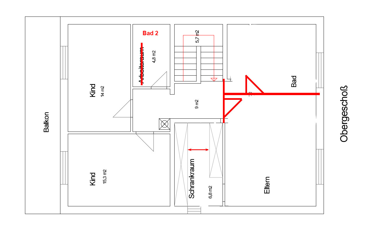 Grundriss Obergeschoss: Eltern- und Kinderzimmer, zwei Bäder, Schrankraum, Balkon