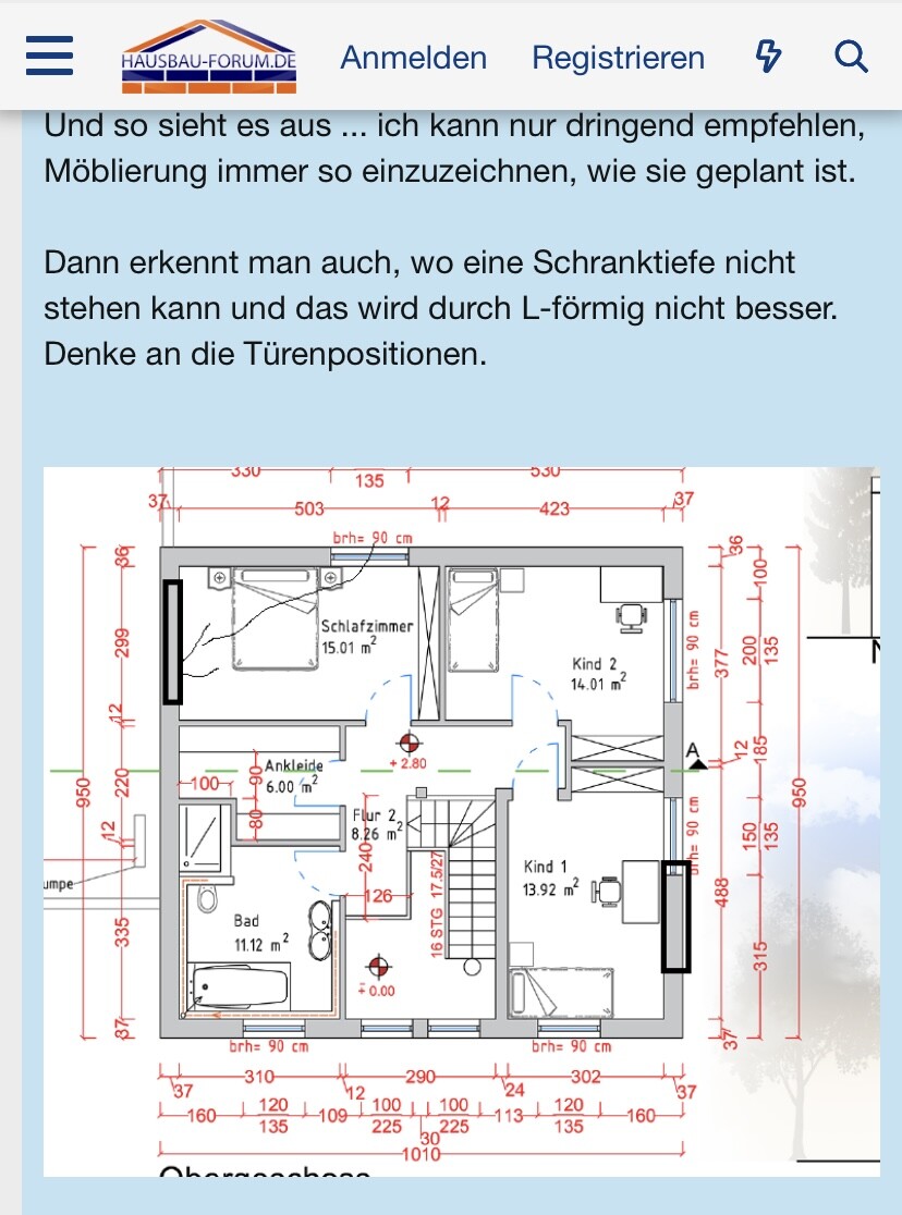 Grundriss eines Hauses: Schlafzimmer, Kind 1, Kind 2, Bad, Ankleide, Flur.