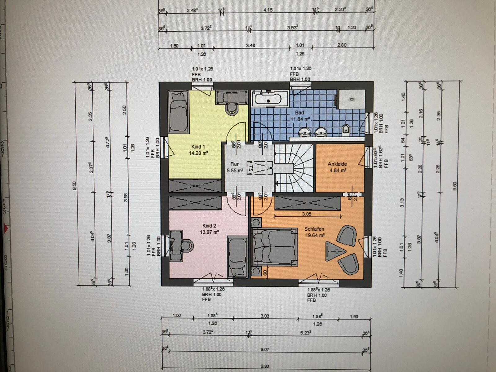 Grundriss eines Obergeschosses mit Schlafen, Ankleide, Bad, Flur und zwei Kinderzimmer.