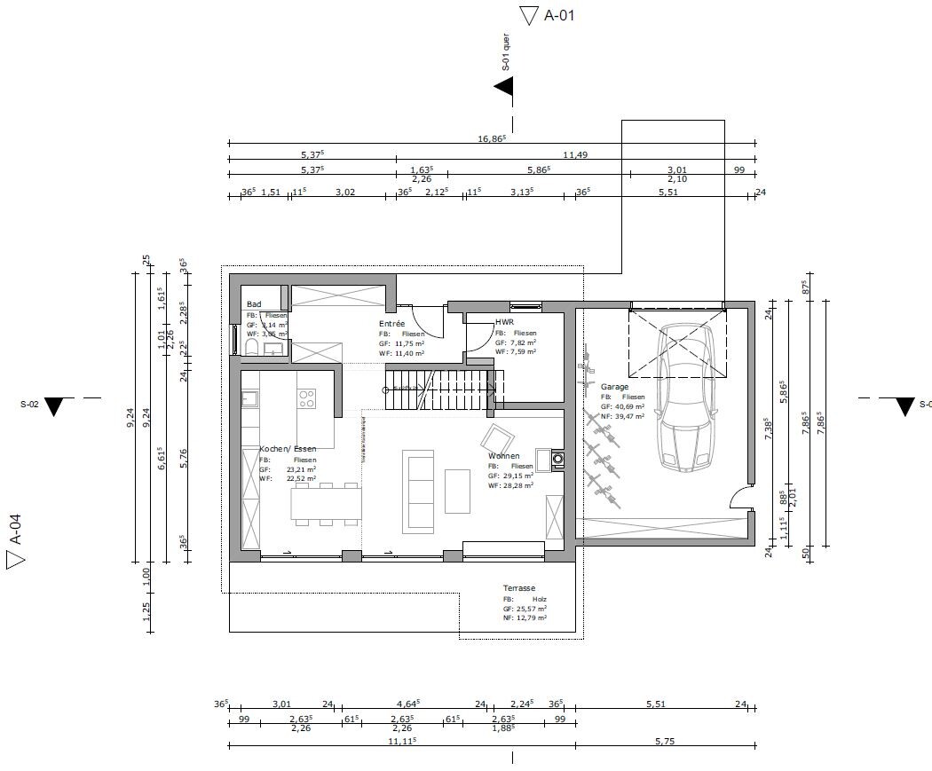 Grundriss EG: Küche/Essen, Wohnen, Bad, Entrée, HWR, Garage, Terrasse.