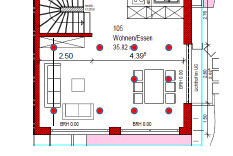 2D-Grundriss eines Hauses mit offenem Wohn- und Essbereich, Küche und Treppe