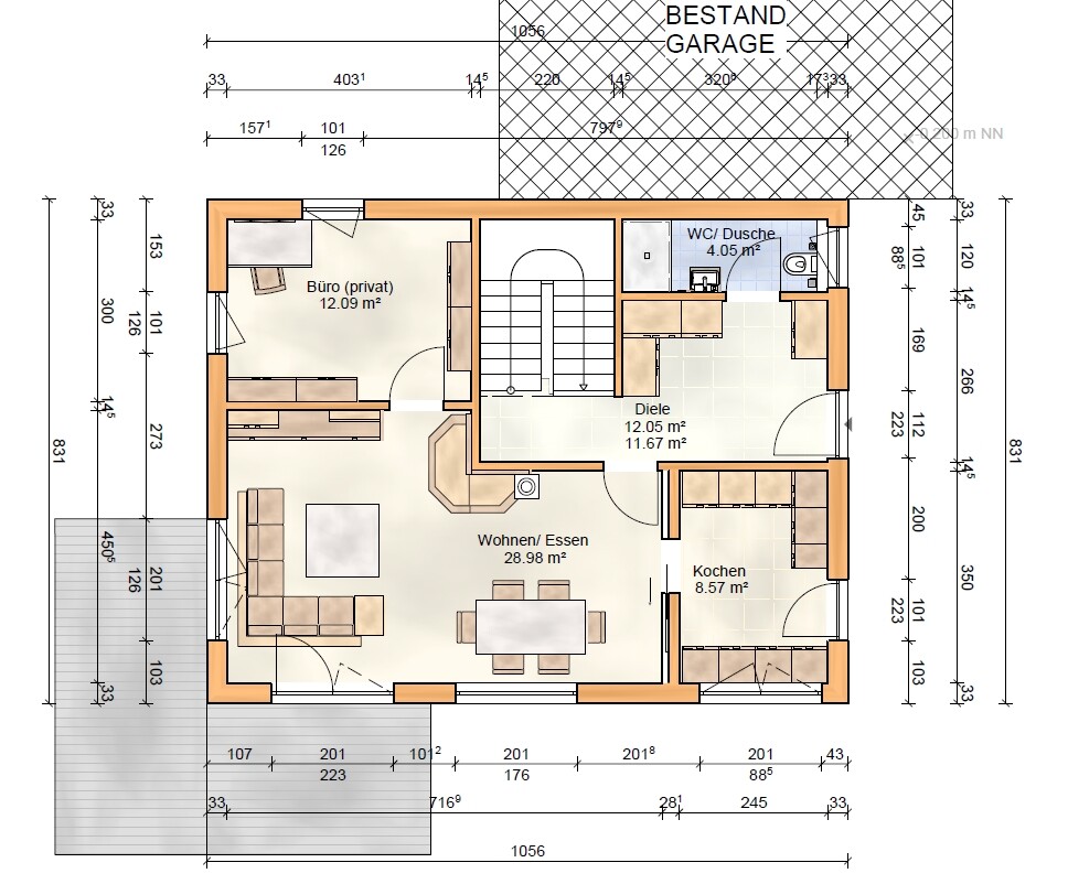 Grundriss eines Wohnhauses: Wohnzimmer/Esszimmer, Küche, Büro, Diele, WC/Dusche, Treppe, Terrasse.