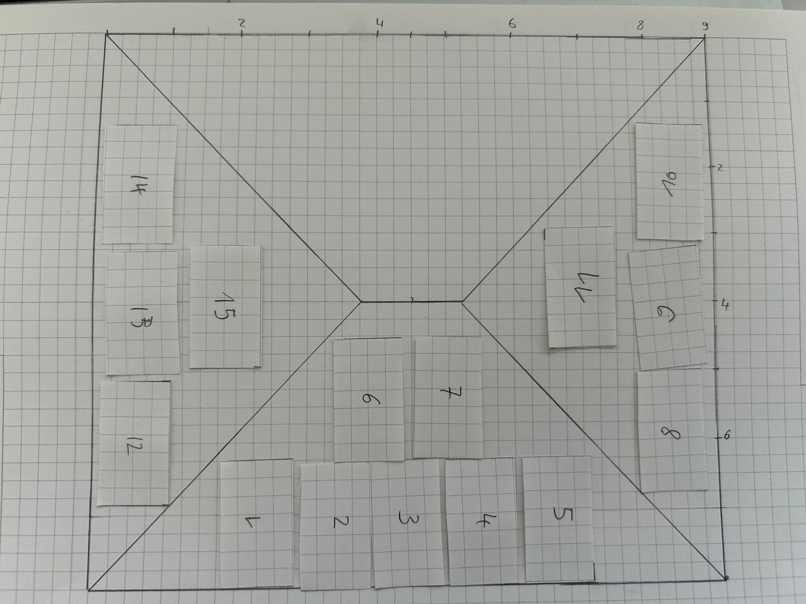 Skizze eines quadratischen Plans mit diagonalen Linien zum Zentrum; Zettelnummern an den Rändern.