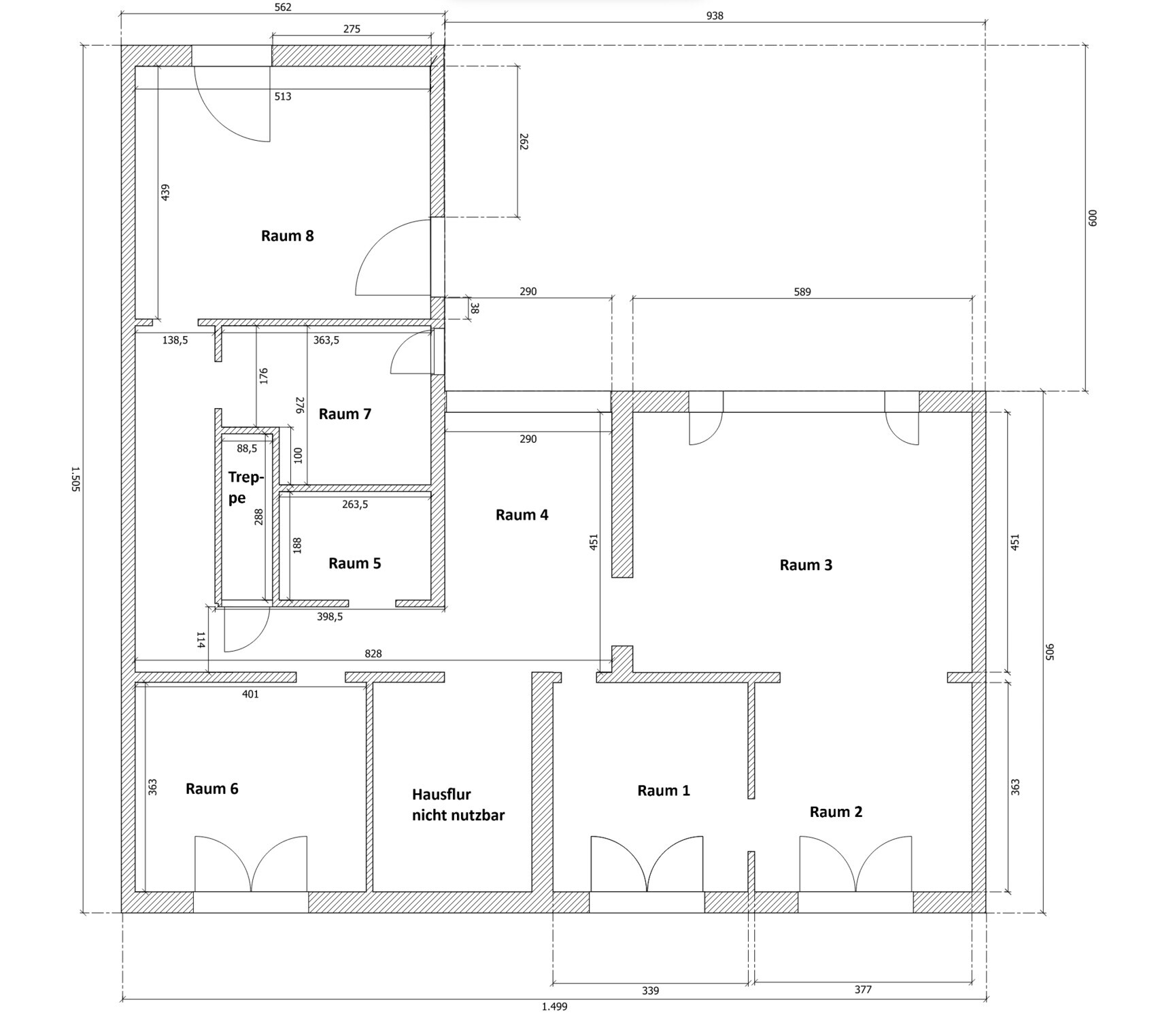 Grundriss eines Gebäudekomplexes mit Räumen 1-8, Treppe und Fluren