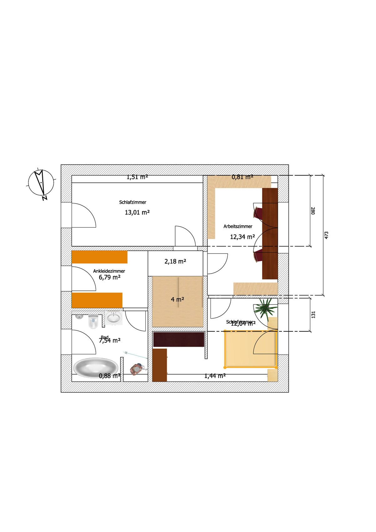 Grundriss eines Apartments mit zwei Schlafzimmern, Arbeitszimmer, Ankleidezimmer, Bad und Flur.