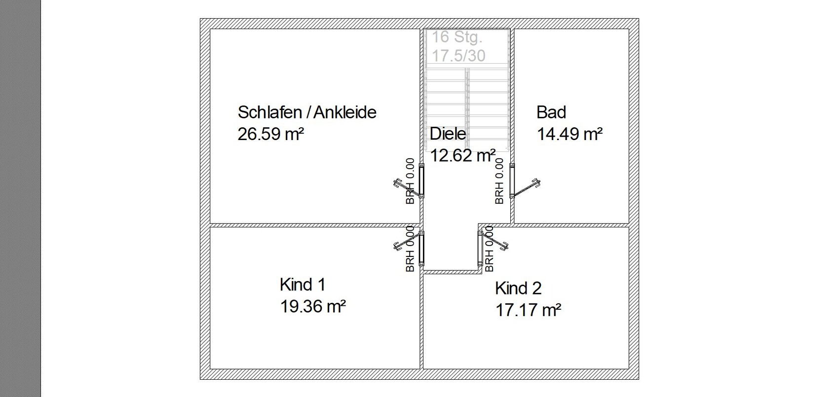 Grundriss Obergeschoss: Schlafen/Ankleide, Bad, Diele, Kind 1, Kind 2, Treppenbereich