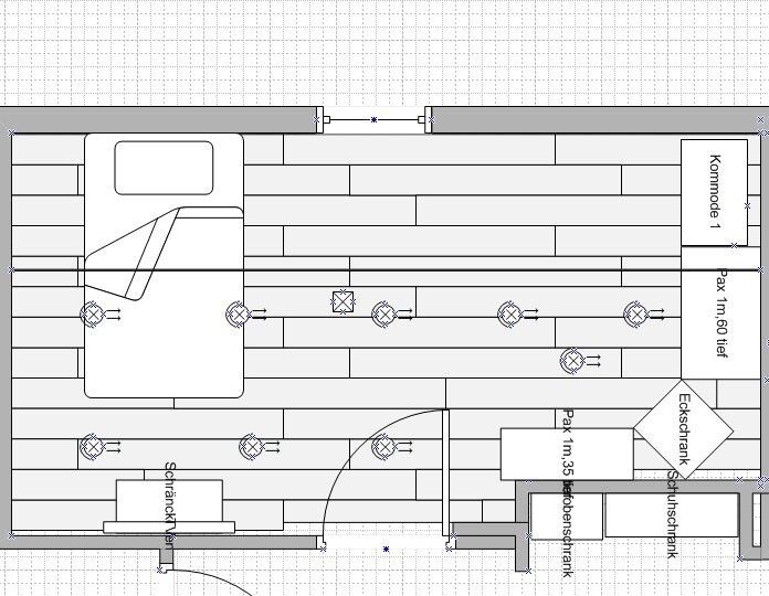 2D Grundriss eines Schlafzimmers mit Bett, Kleiderschrank und Kommode.