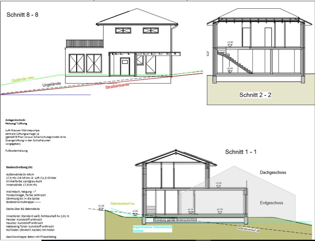 Architekturzeichnungen: Frontansicht und Schnitte 1-1, 2-2, 8-8 eines Hauses mit Gelände