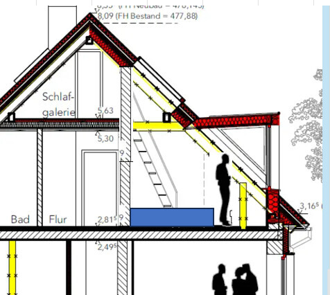 Schnitt durch ein mehrgeschossiges Haus mit Treppe, Schlafgalerie, Bad und Flur