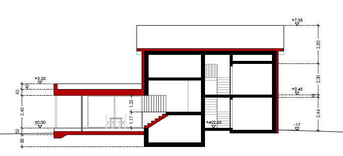 Schnitt durch ein mehrgeschossiges Wohnhaus mit Treppen, Wänden und Fundamenten, rote Elemente.