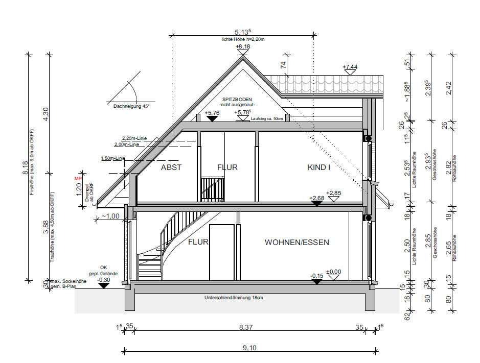 Schnitt durch mehrstöckiges Wohnhaus mit Wohnzimmer, Flur und Dachstuhl