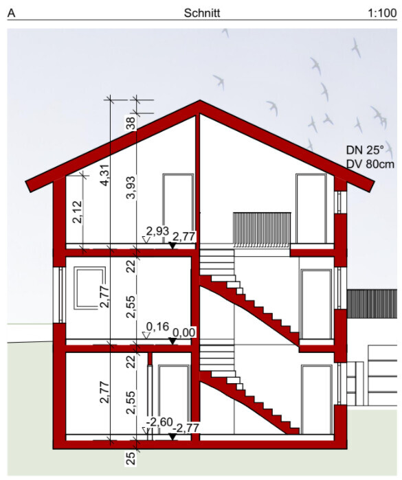 Schnitt durch ein mehrgeschossiges Haus mit Innentreppen, Wänden und Treppenläufen