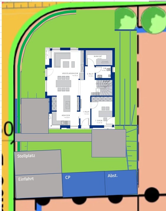 Lageplan: Hausgrundriss, grüne Gartenflächen, Stellplatz, Einfahrt, Carport, Abstellfläche.
