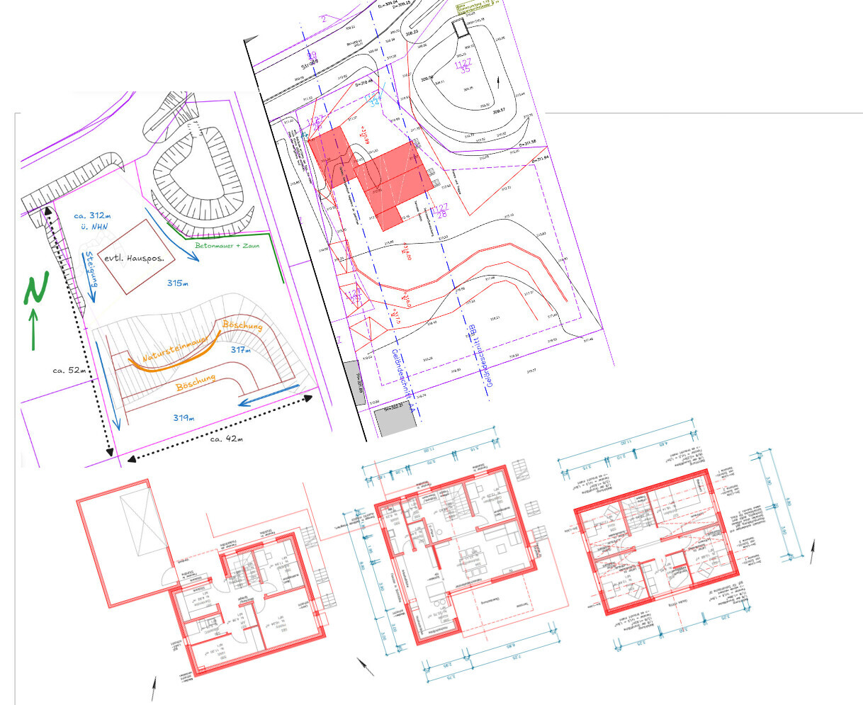 Architekturpläne mit Grundstücks- und Hausgrundrissen und Geländeprofil