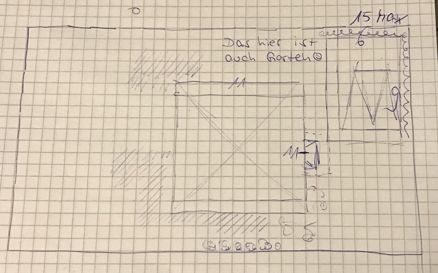 Handgezeichnete Grundriss-Skizze mit Gartenbereich und Zimmeraufteilung